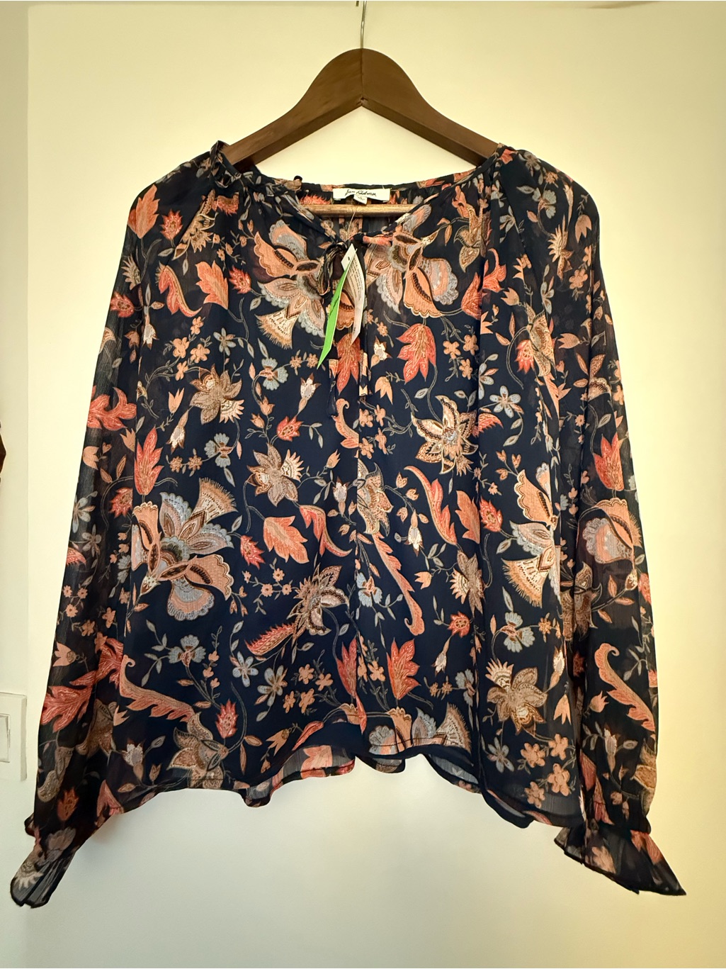 Sam Edelman Navy Floral Tie-Neck Sheer Blouse